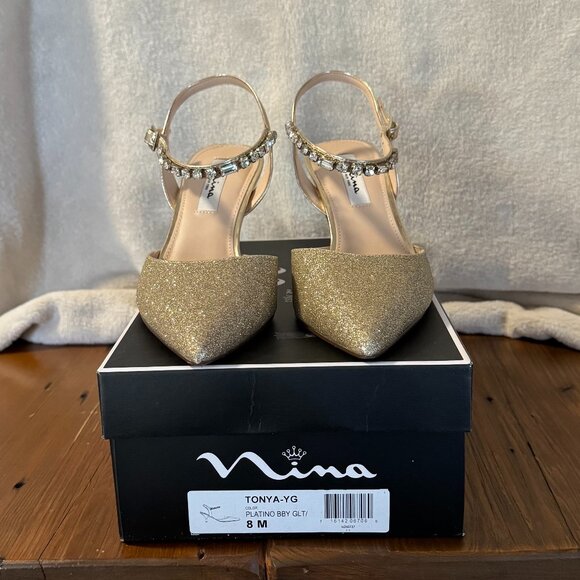 NINA Tonya Kitten Ankle Strap Slingback Gold Platino Glitter, sz 8 - Picture 2 of 8